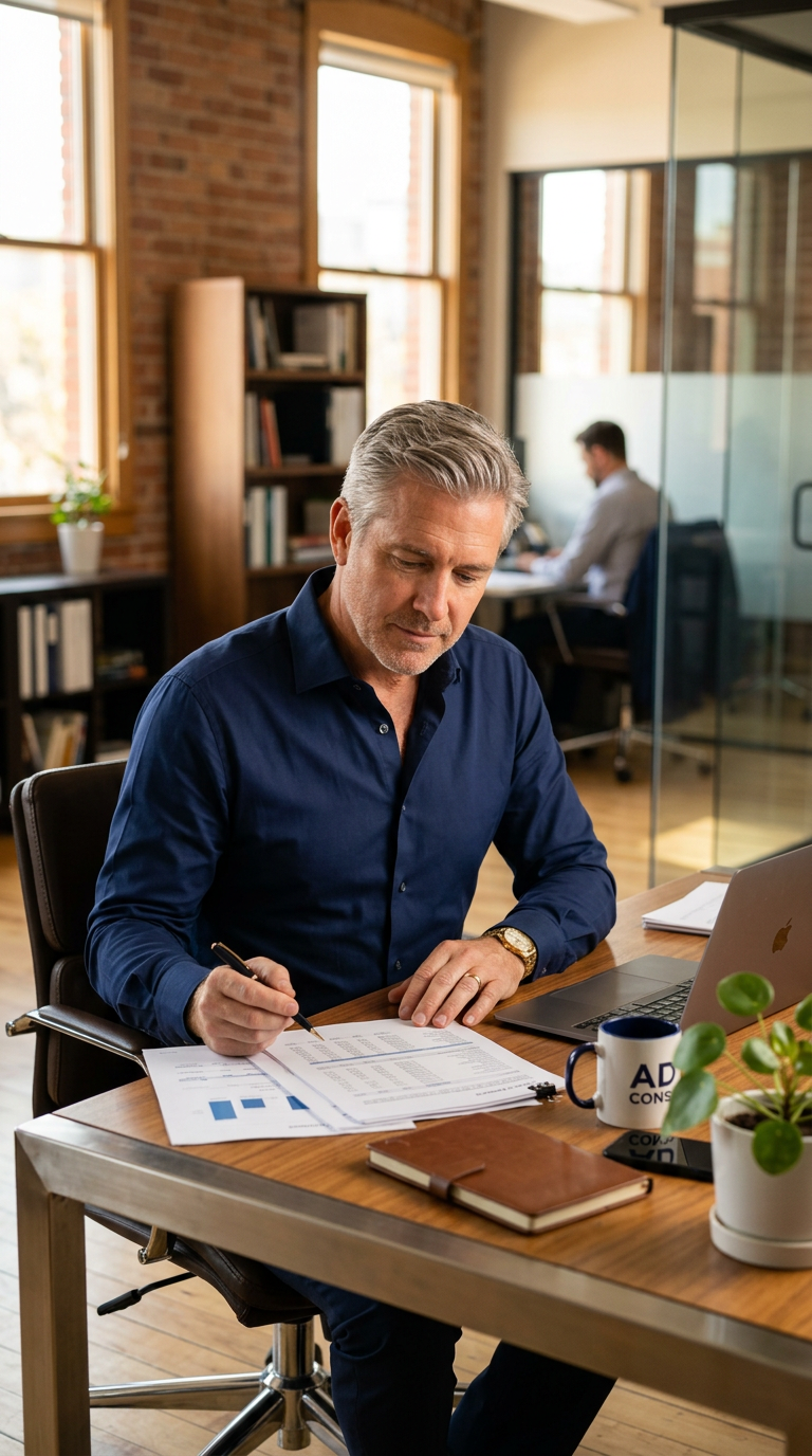 Small business owner reviewing financials with Koios Business Solutions